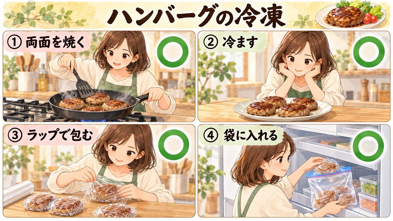 図解:ハンバーグの冷凍(両面を焼く・冷ます・ラップで包む・袋に入れる)