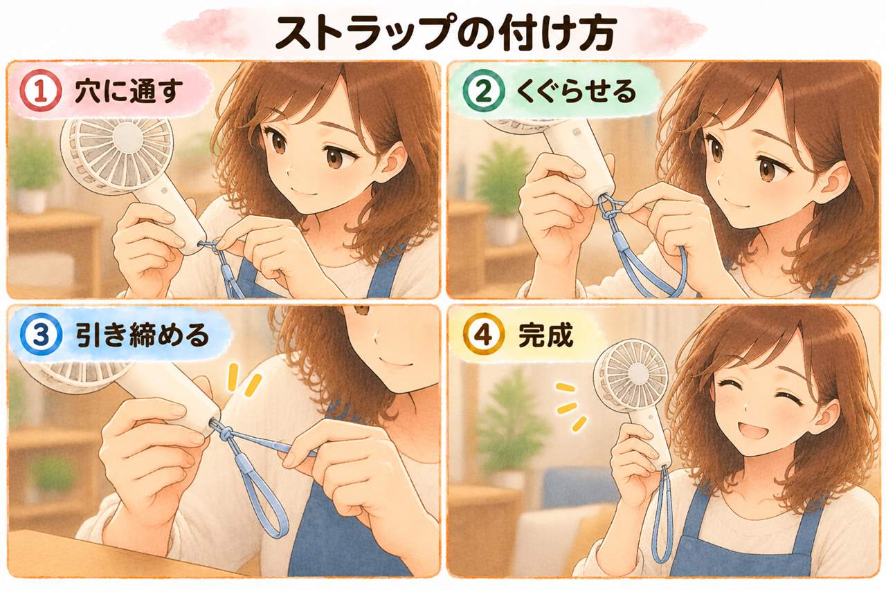 図解:ストラップの付け方(穴に通す・くぐらせる・引き締める・完成)