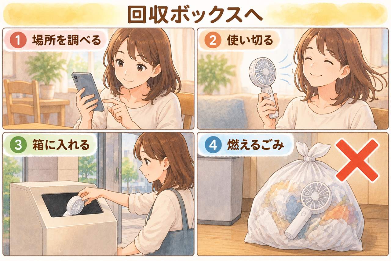 図解：回収ボックスへ（場所を調べる・使い切る・箱に入れる・燃えるごみ）