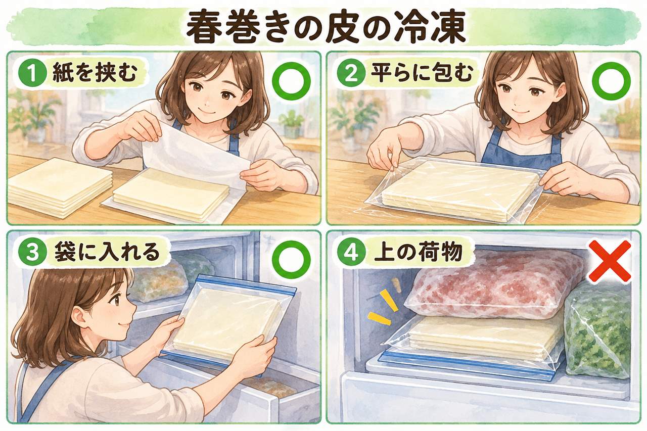 図解：春巻きの皮の冷凍（紙を挟む・平らに包む・袋に入れる・上の荷物）