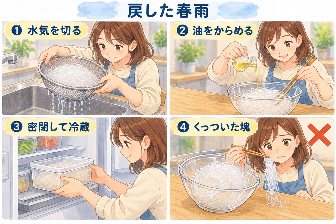 図解:戻した春雨(水気を切る・油をからめる・密閉して冷蔵・くっついた塊)
