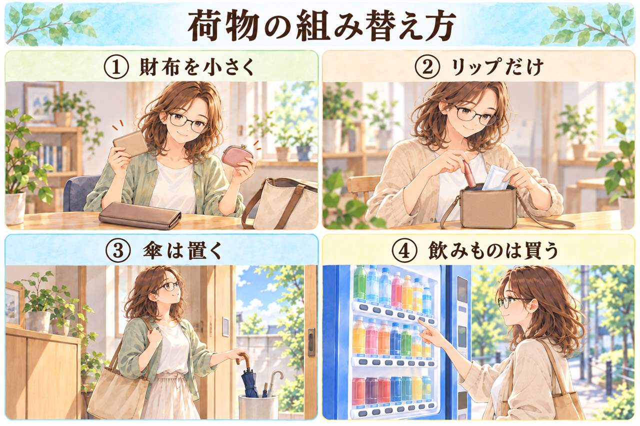 図解:荷物の組み替え方(財布を小さく・リップだけ・傘は置く・飲みものは買う)