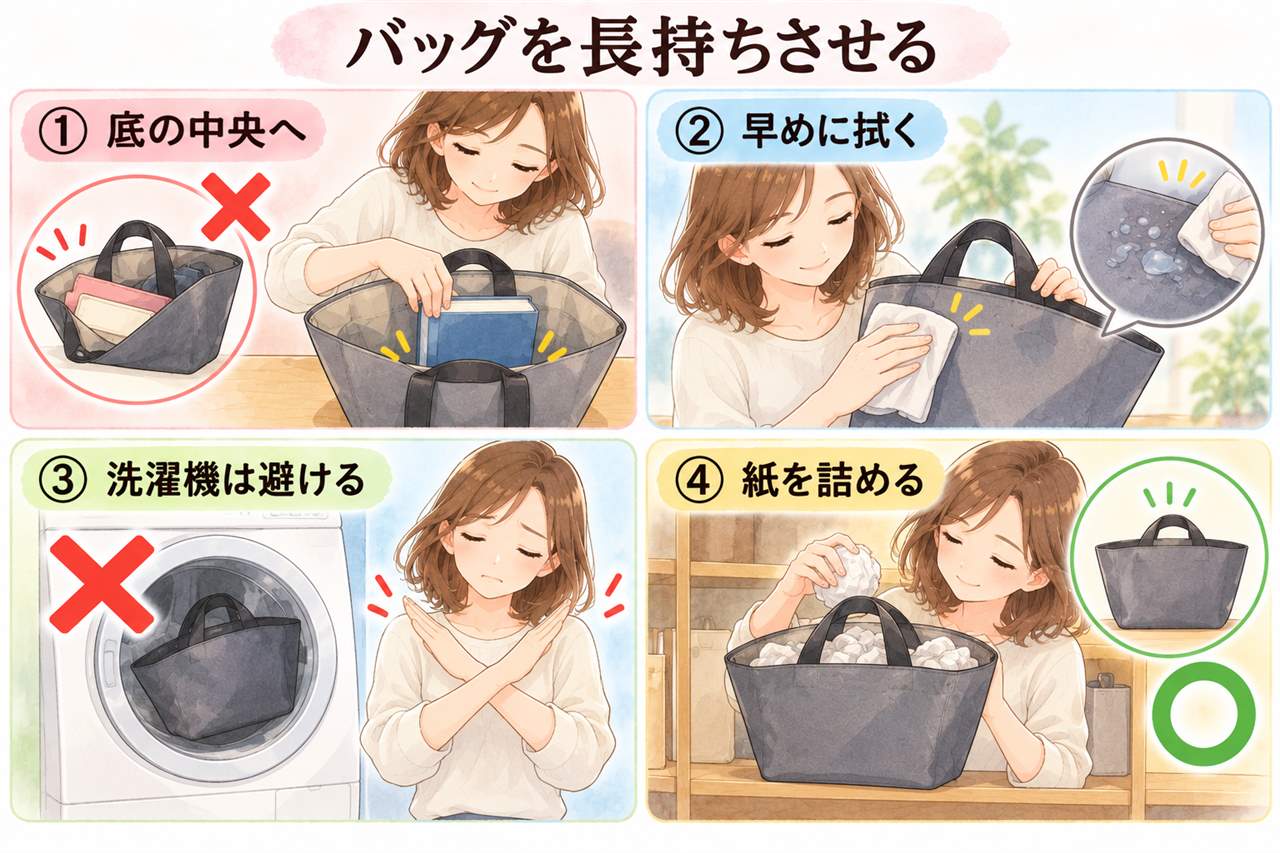 図解：バッグを長持ちさせる（底の中央へ・早めに拭く・洗濯機は避ける・紙を詰める）