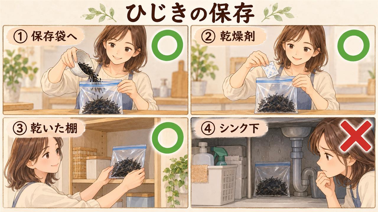 図解:ひじきの保存(保存袋へ・乾燥剤・乾いた棚・シンク下)