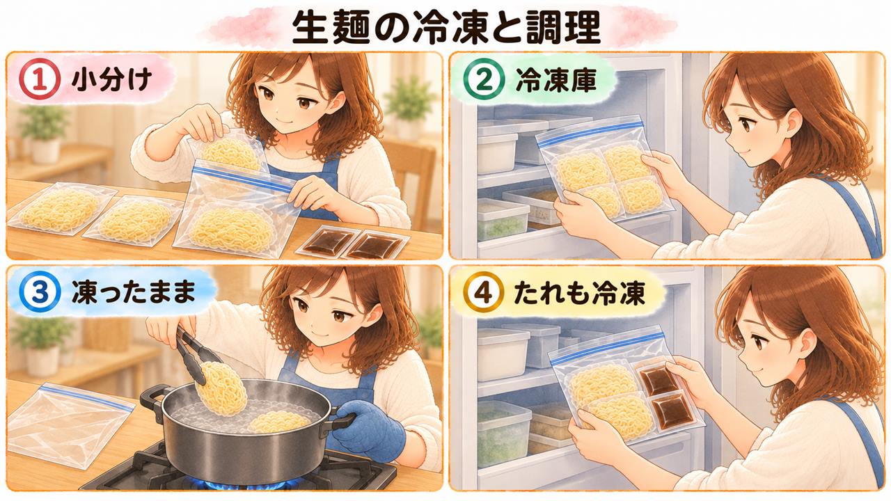 図解:生麺の冷凍と調理(小分け・冷凍庫・凍ったまま・たれも冷凍)