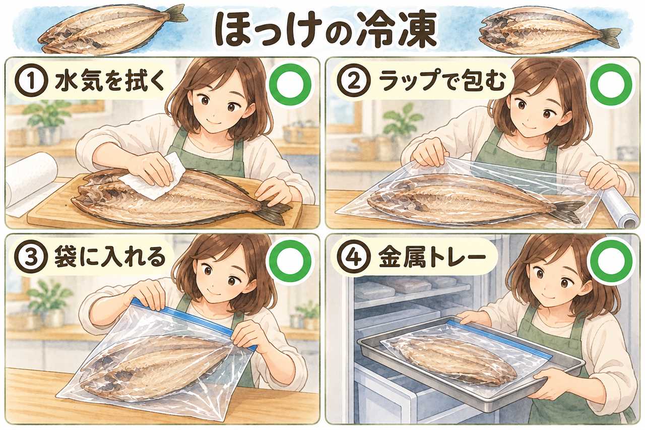図解:ほっけの冷凍(水気を拭く・ラップで包む・袋に入れる・金属トレー)