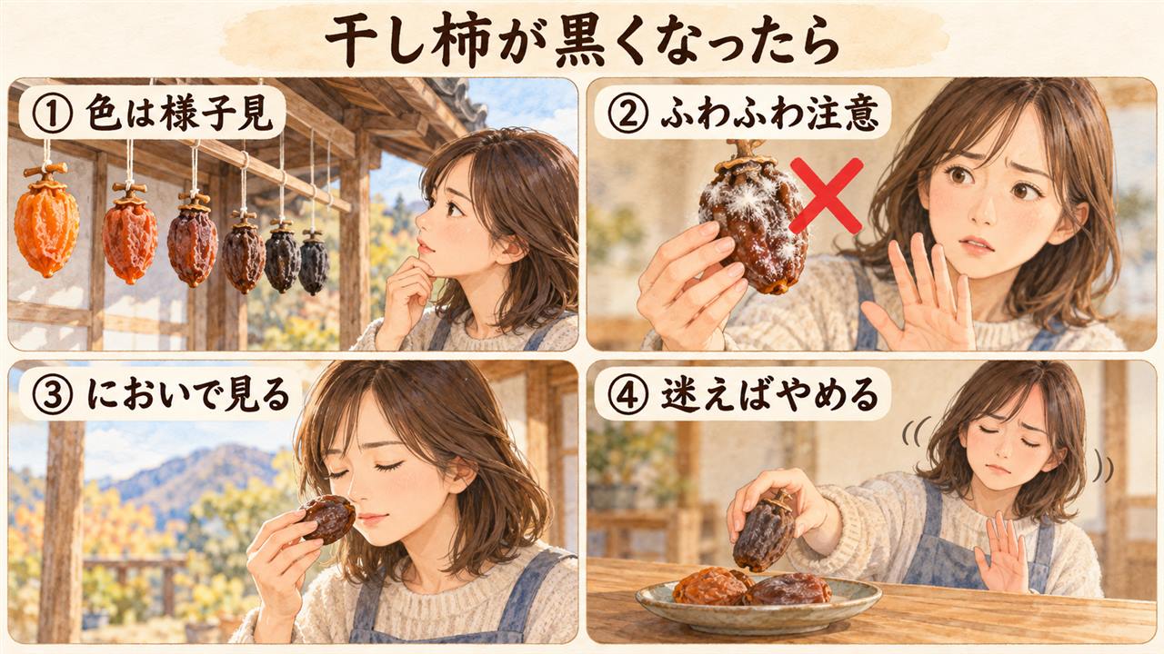 4コマ漫画:干し柿が黒くなったら(色は様子見・ふわふわ注意・においで見る・迷えばやめる)
