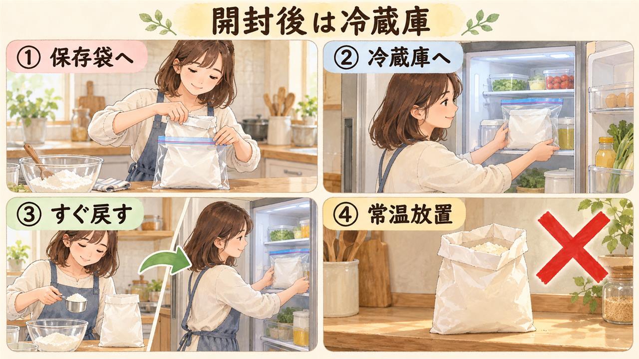 図解：開封後は冷蔵庫（保存袋へ・冷蔵庫へ・すぐ戻す・常温放置）