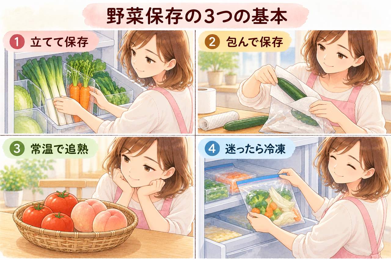 図解：野菜保存の3つの基本
