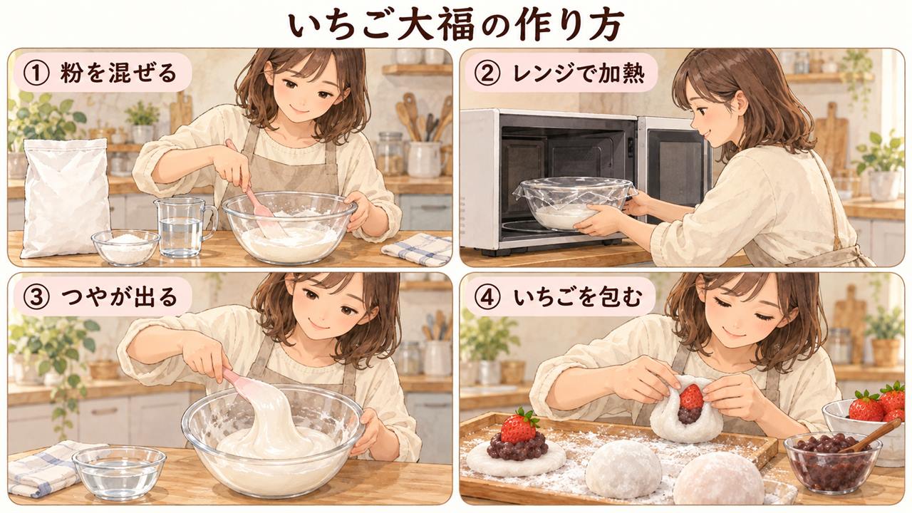 図解：いちご大福の作り方（粉を混ぜる・レンジで加熱・つやが出る・いちごを包む）