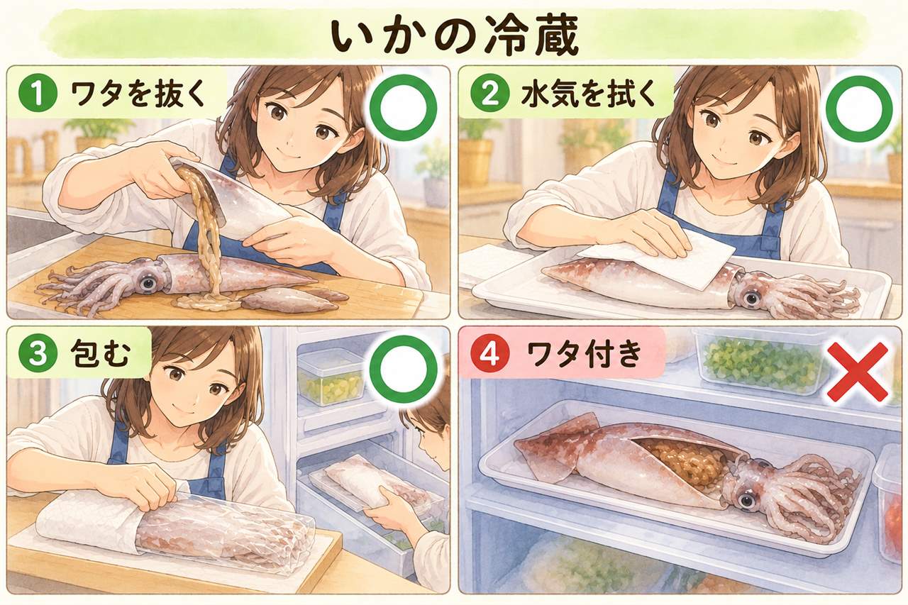 図解:いかの冷蔵(ワタを抜く・水気を拭く・包む・ワタ付き)