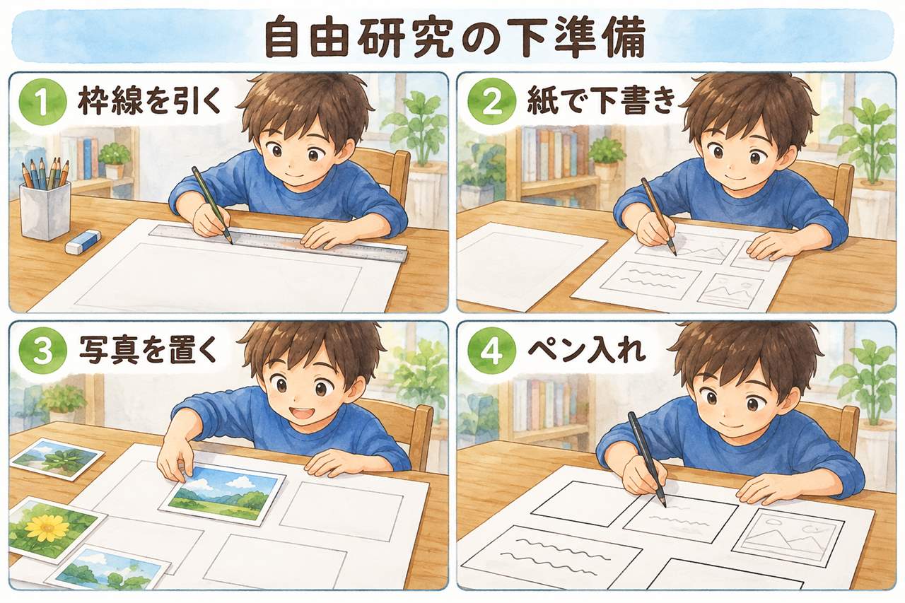 図解:自由研究の下準備(枠線を引く・紙で下書き・写真を置く・ペン入れ)