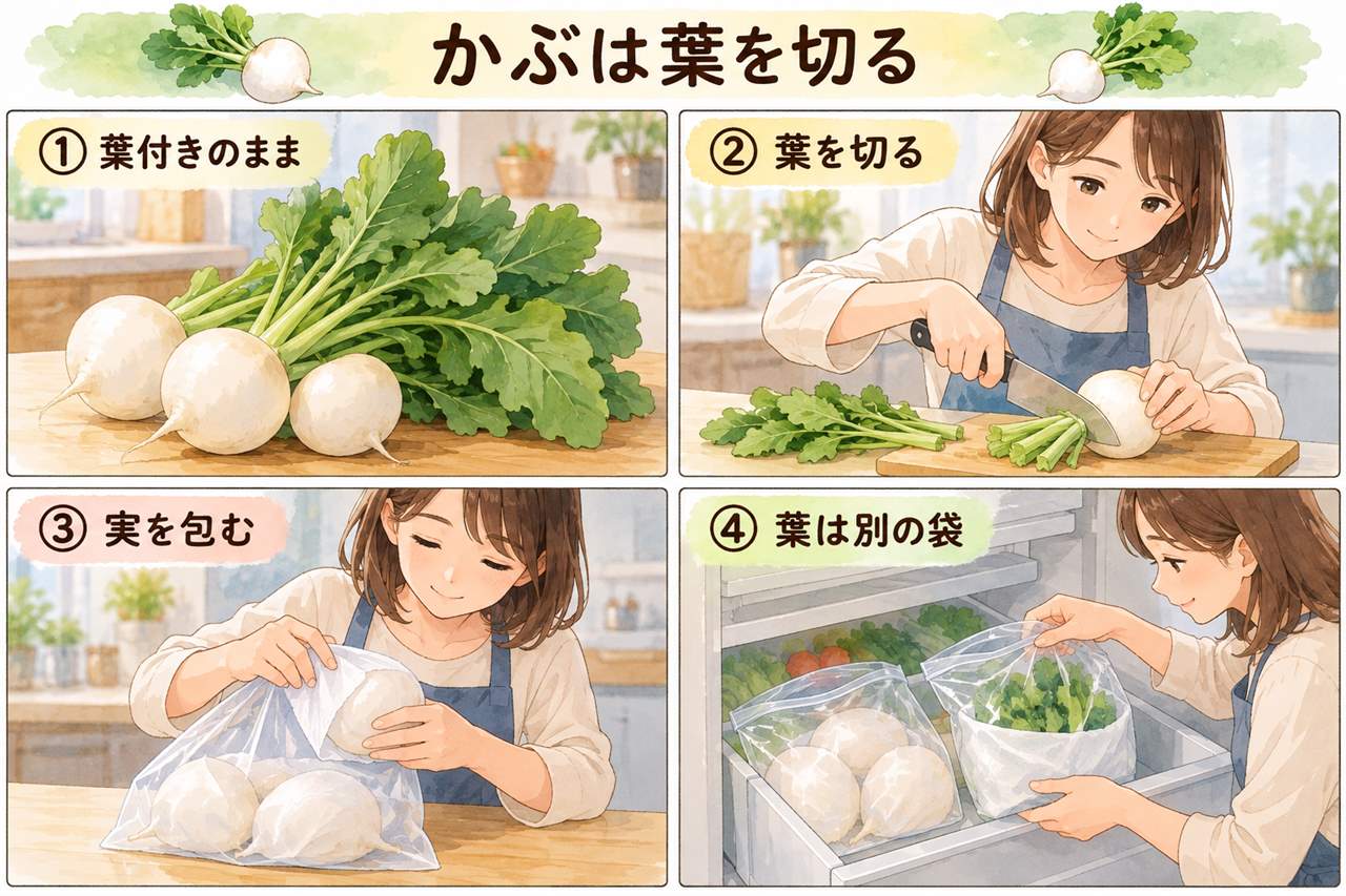 図解:かぶは葉を切る(葉付きのまま・葉を切る・実を包む・葉は別の袋)