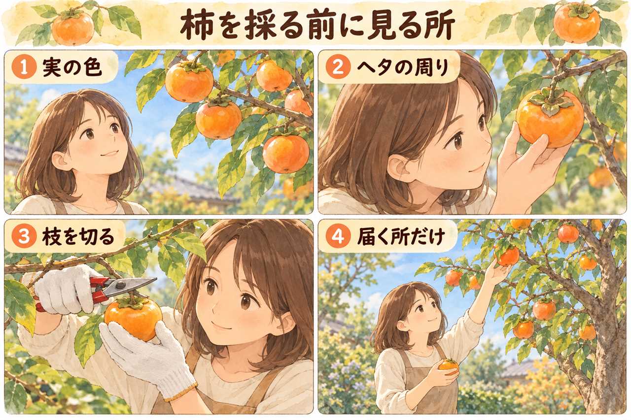 4コマ漫画:柿を採る前に見る所(実の色・ヘタの周り・枝を切る・届く所だけ)