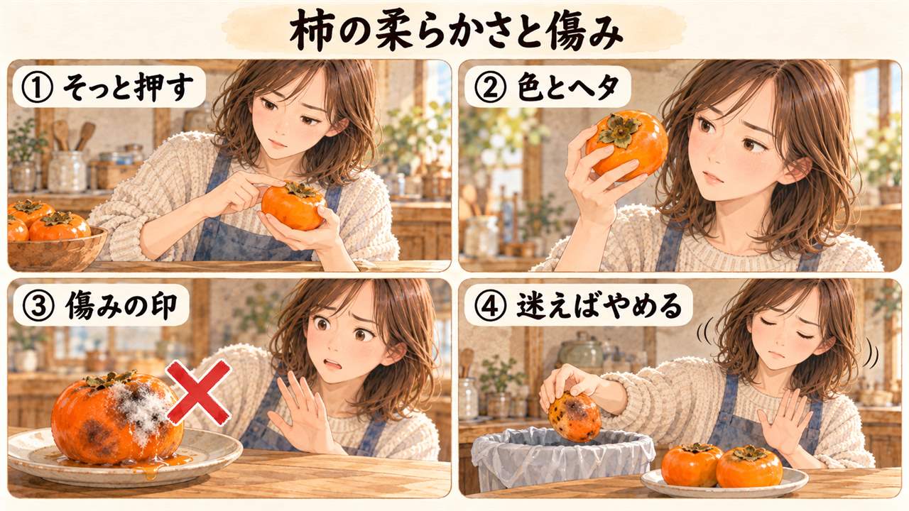 4コマ漫画:柿の柔らかさと傷み(そっと押す・色とヘタ・傷みの印・迷えばやめる)