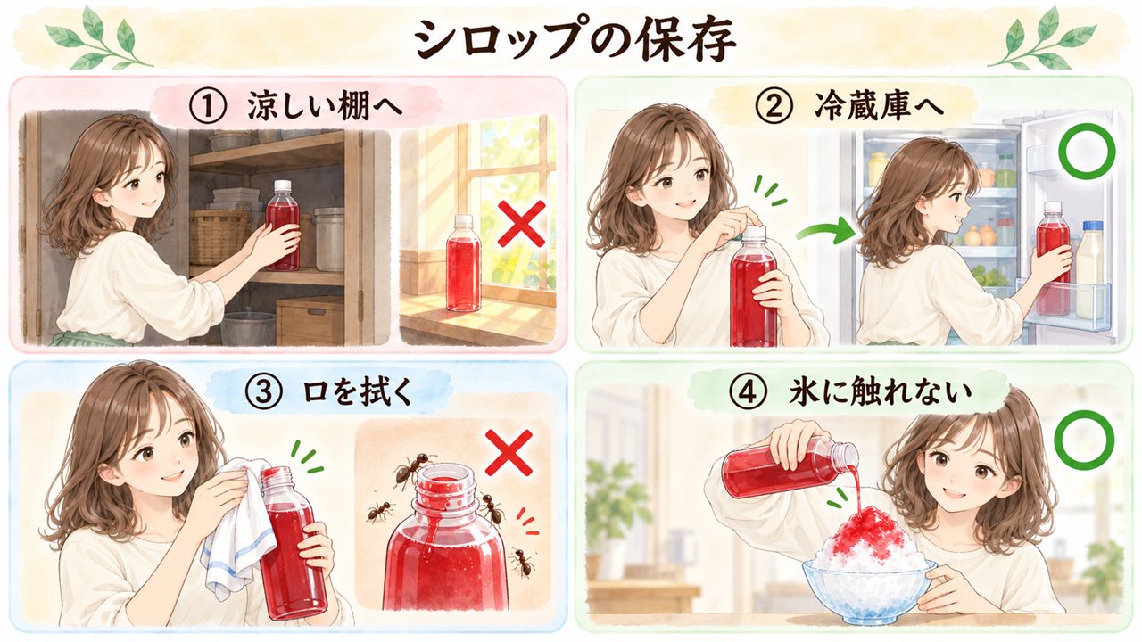 図解:シロップの保存(涼しい棚へ・冷蔵庫へ・口を拭く・氷に触れない)