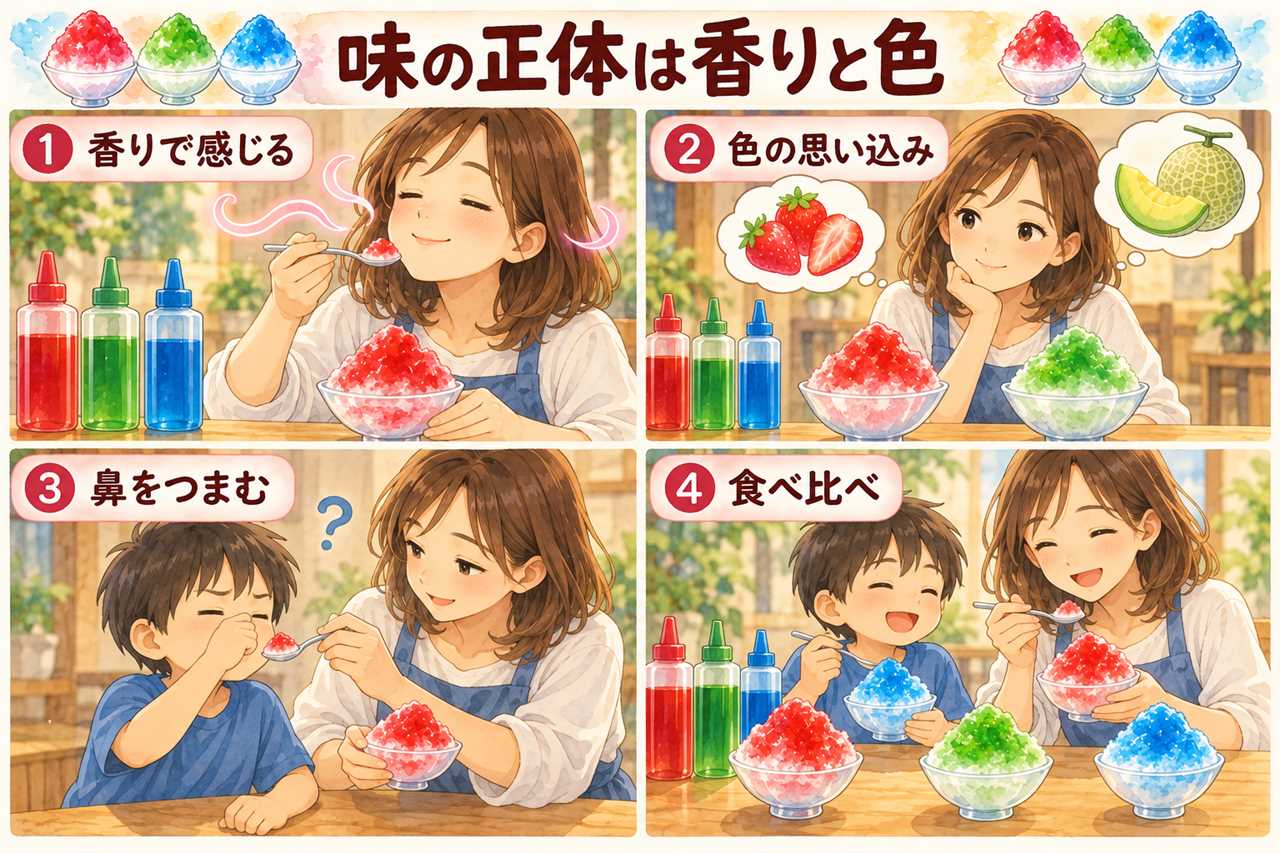 図解：味の正体は香りと色（香りで感じる・色の思い込み・鼻をつまむ・食べ比べ）