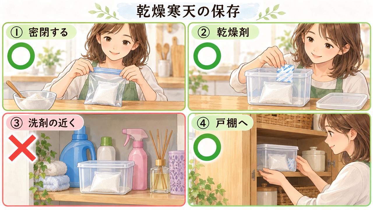 図解:乾燥寒天の保存(密閉する・乾燥剤・洗剤の近く・戸棚へ)