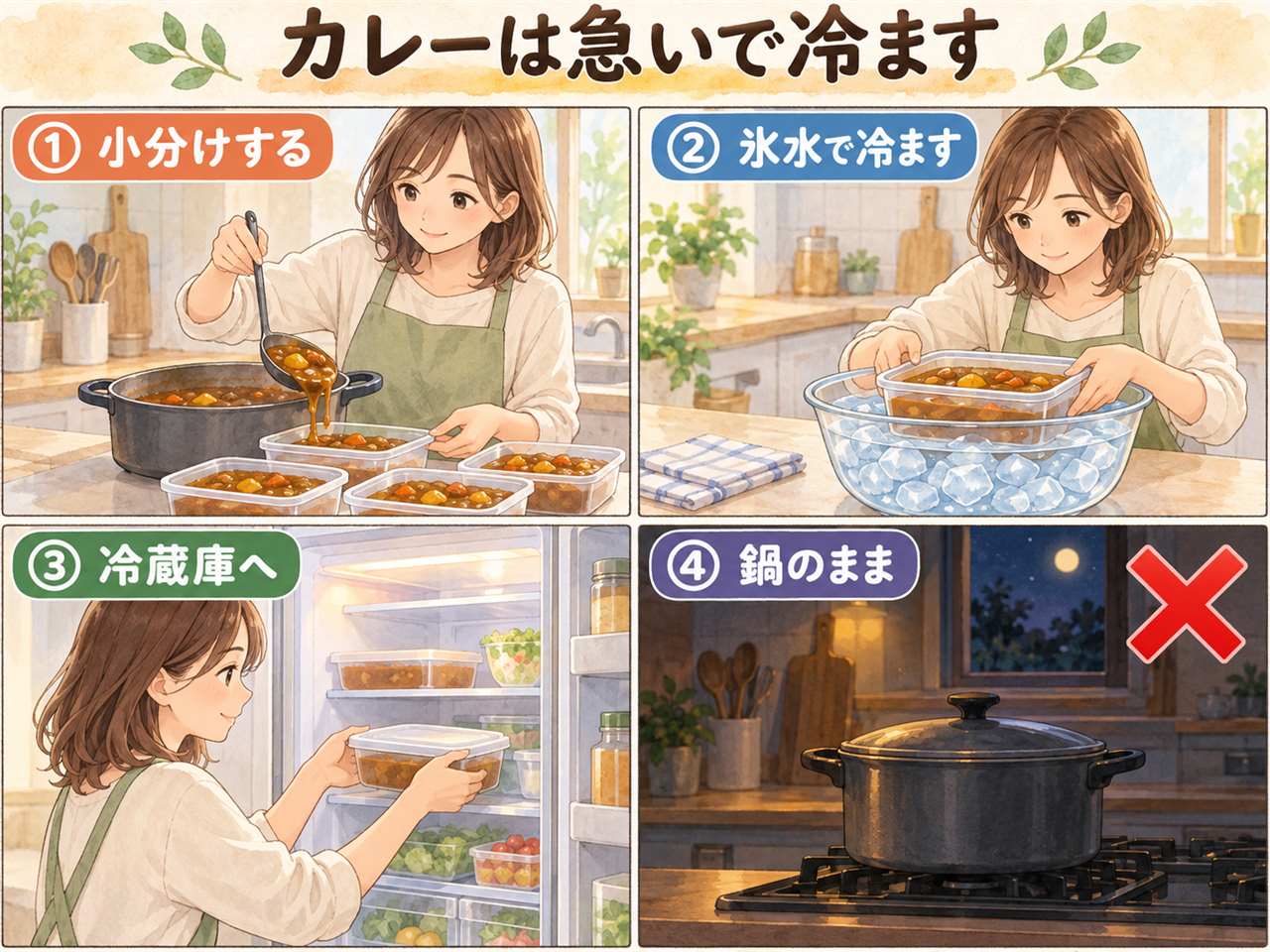 図解:カレーは急いで冷ます(小分けする・氷水で冷ます・冷蔵庫へ・鍋のまま)