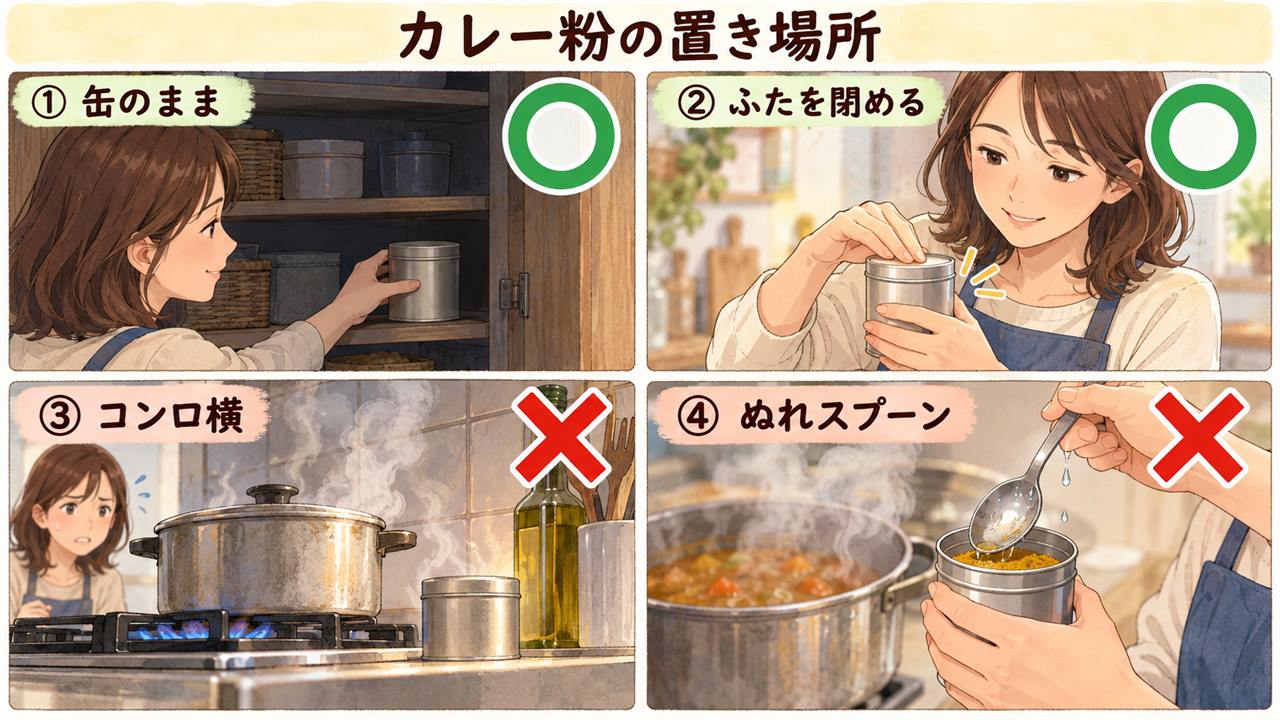 図解:カレー粉の置き場所(缶のまま・ふたを閉める・コンロ横・ぬれスプーン)
