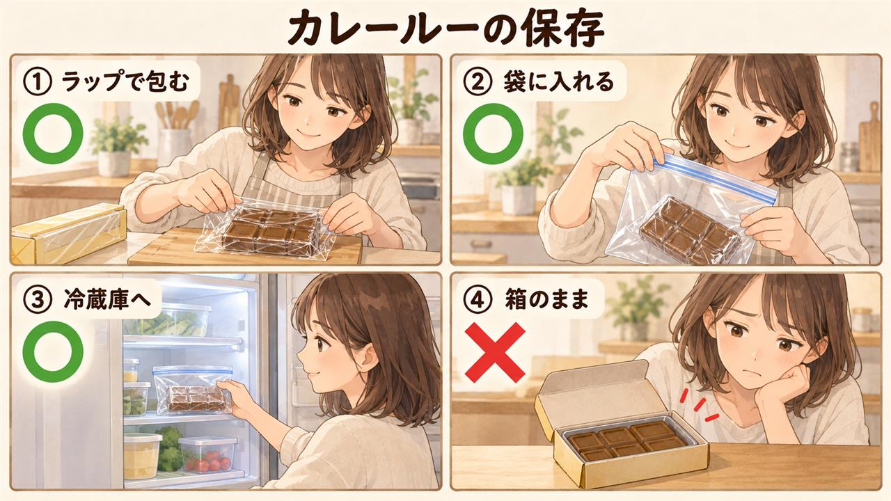 図解：カレールーの保存（ラップで包む・袋に入れる・冷蔵庫へ・箱のまま）