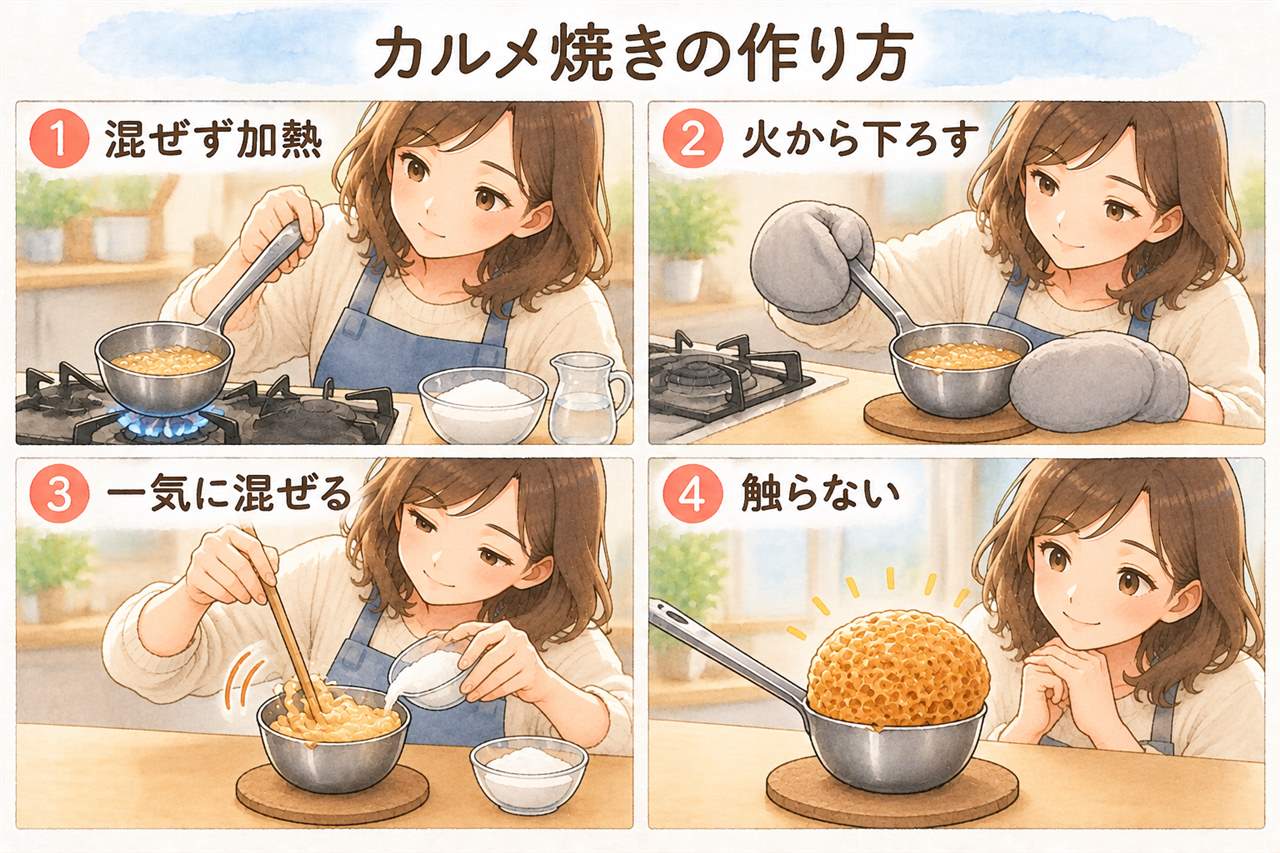 図解:カルメ焼きの作り方(混ぜず加熱・火から下ろす・一気に混ぜる・触らない)