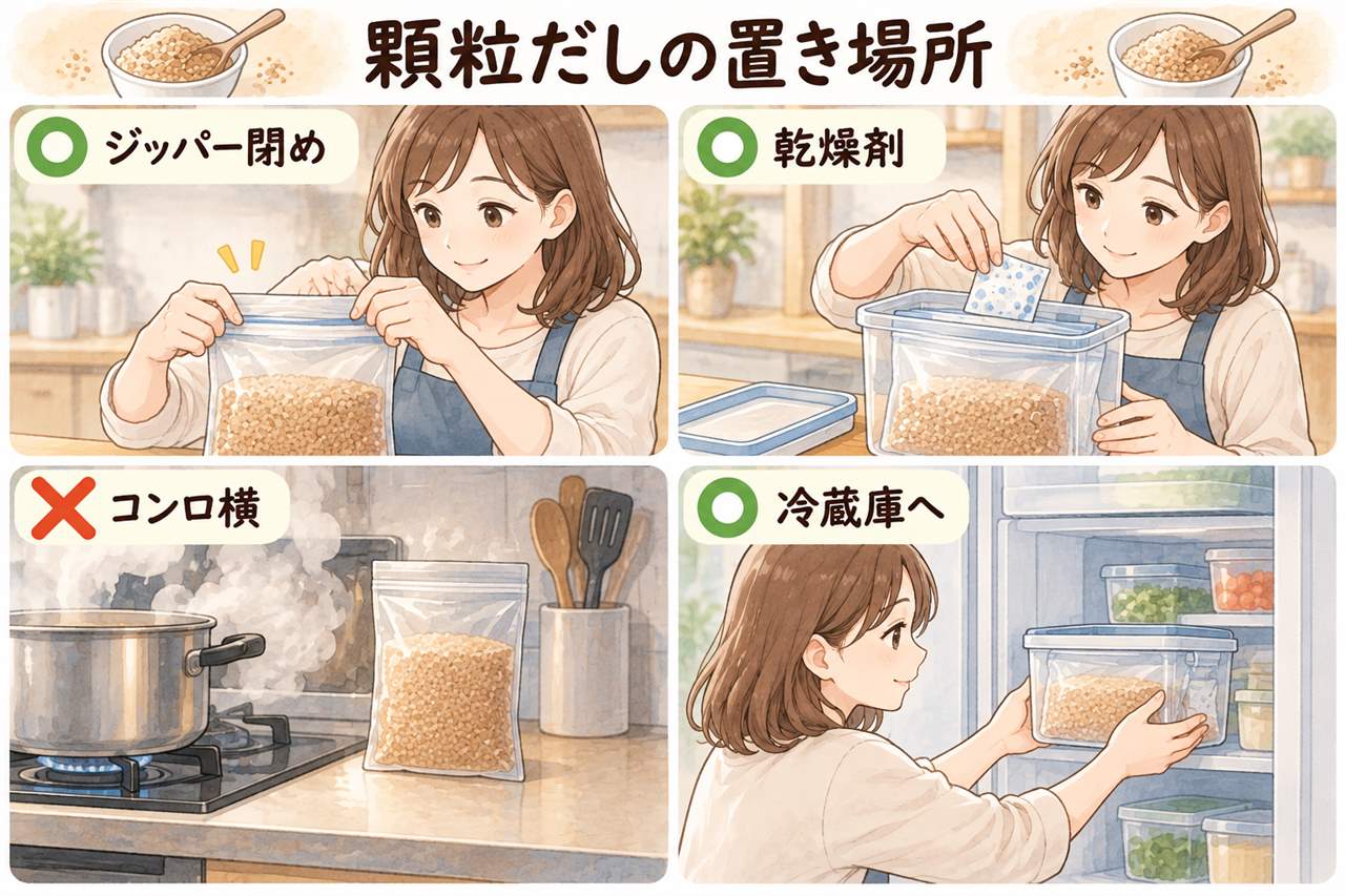 図解：顆粒だしの置き場所（ジッパー閉め・乾燥剤・コンロ横・冷蔵庫へ）
