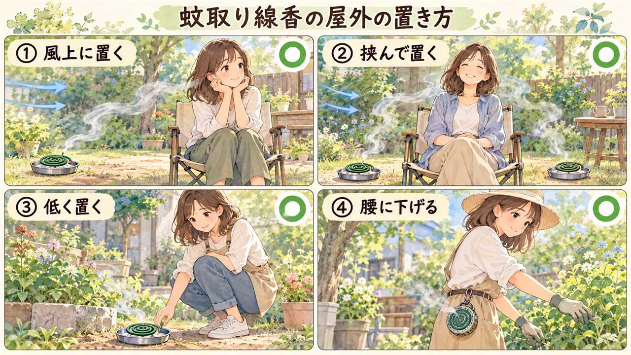 図解:蚊取り線香の屋外の置き方(風上に置く・挟んで置く・低く置く・腰に下げる)