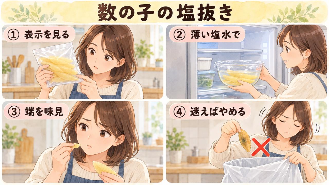 4コマ漫画:数の子の塩抜き(表示を見る・薄い塩水で・端を味見・迷えばやめる)