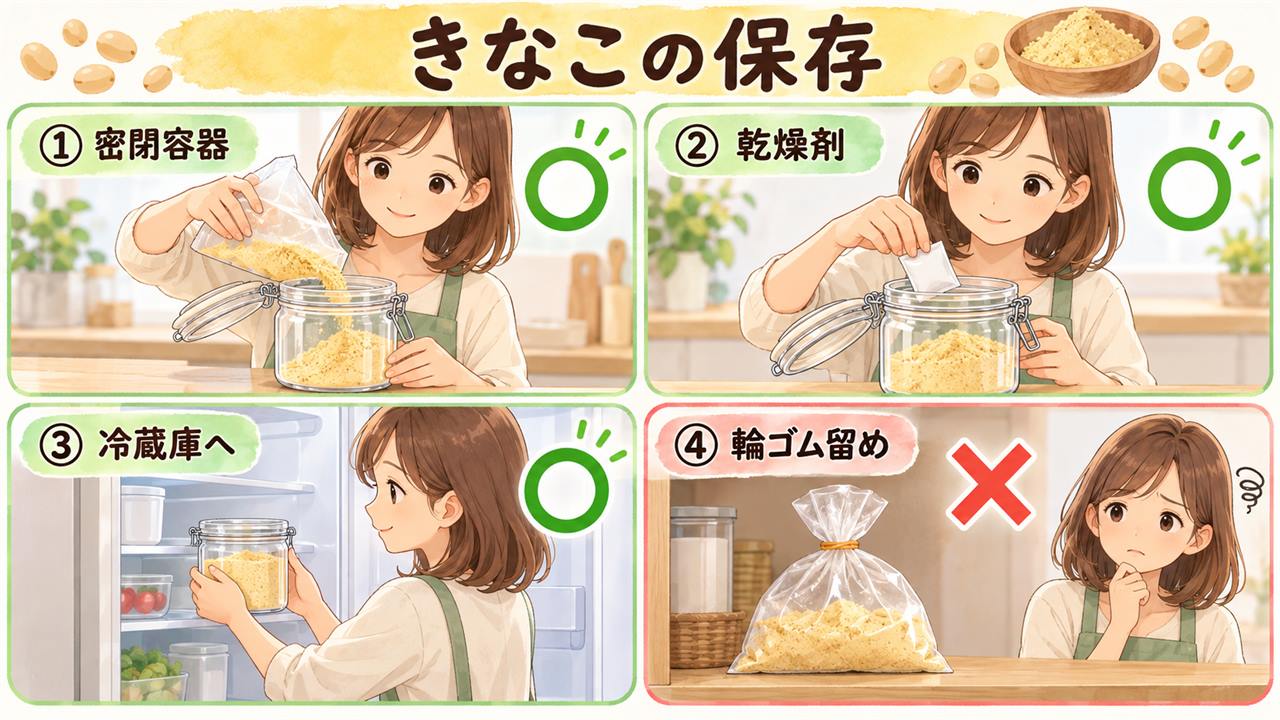 図解:きなこの保存(密閉容器・乾燥剤・冷蔵庫へ・輪ゴム留め)