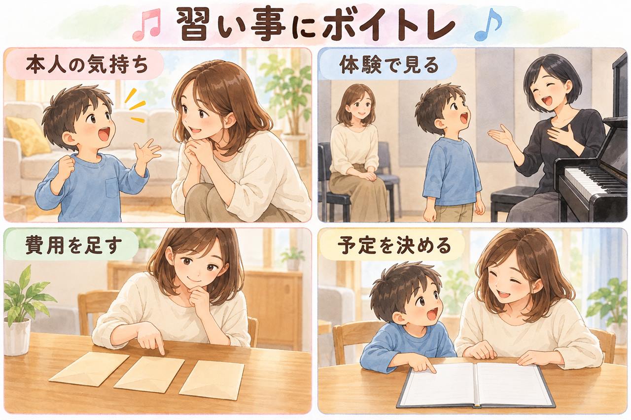 4コマ漫画：習い事にボイトレ（本人の気持ち・体験で見る・費用を足す・予定を決める）