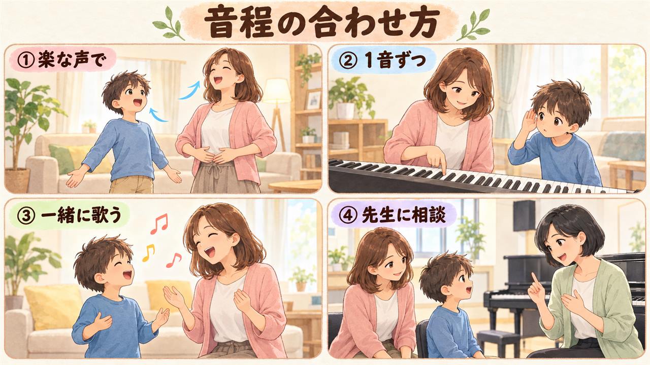 4コマ漫画:音程の合わせ方(楽な声で・1音ずつ・一緒に歌う・先生に相談)