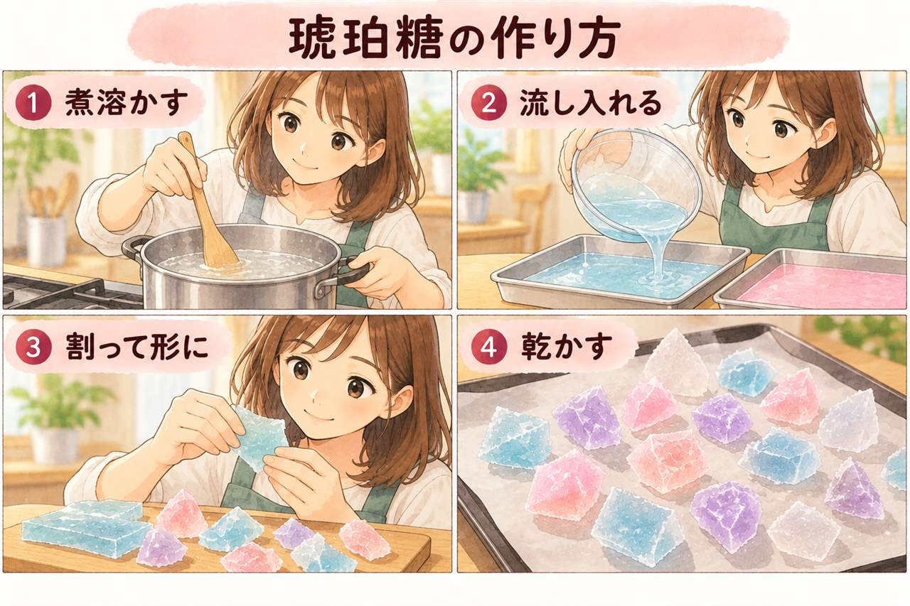 図解:琥珀糖の作り方(煮溶かす・流し入れる・割って形に・乾かす)