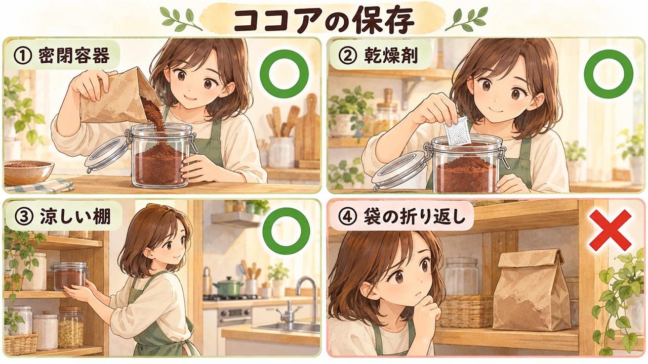 図解:ココアの保存(密閉容器・乾燥剤・涼しい棚・袋の折り返し)