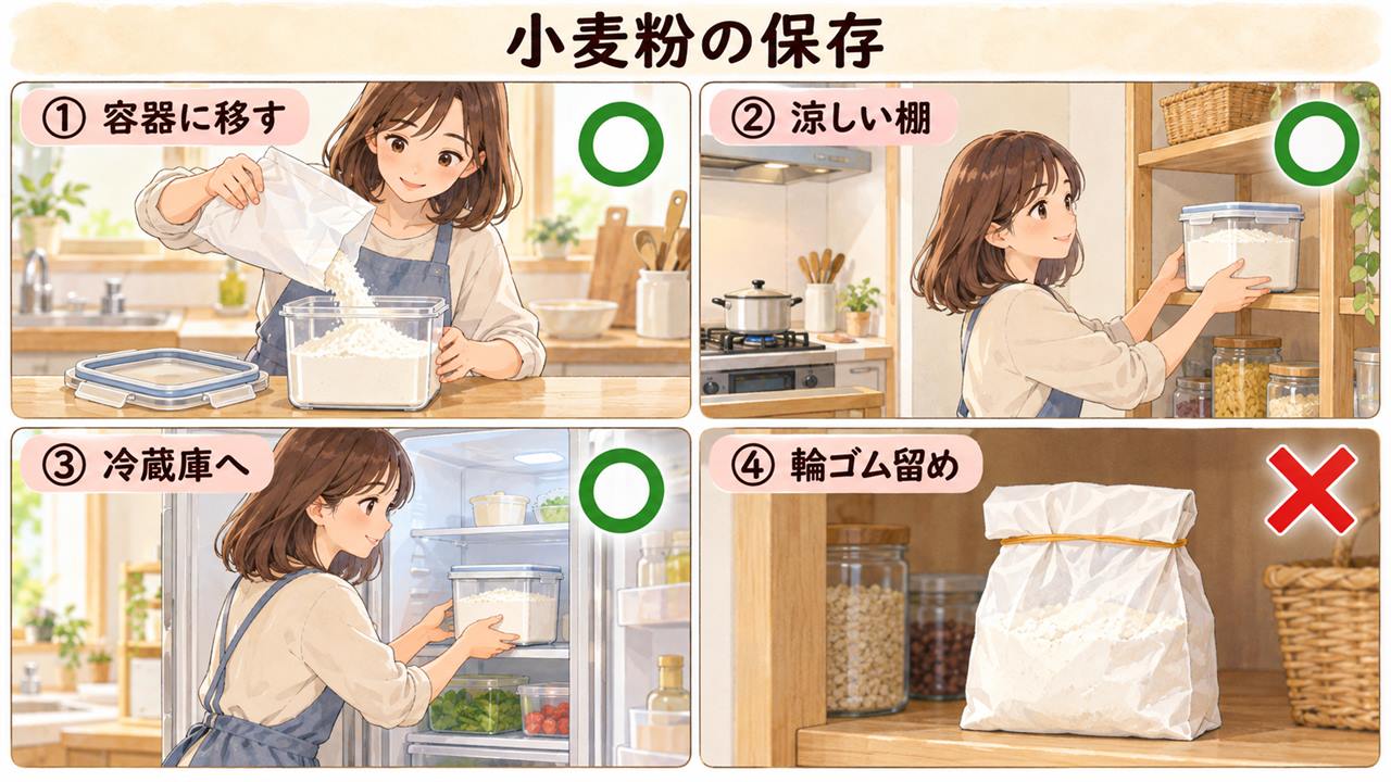 図解:小麦粉の保存(容器に移す・涼しい棚・冷蔵庫へ・輪ゴム留め)