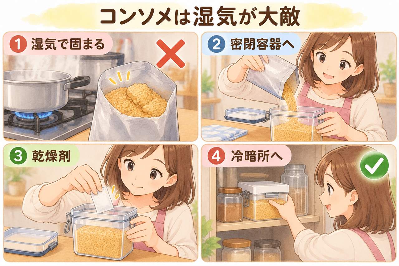 図解:コンソメは湿気が大敵
