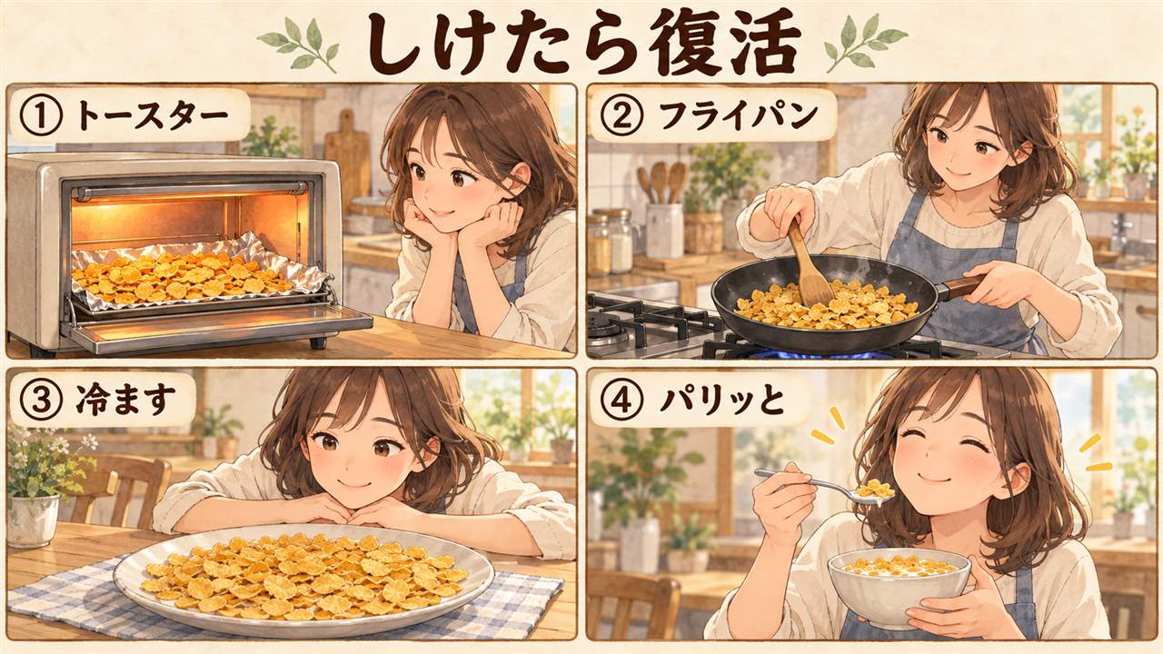 図解：しけたら復活（トースター・フライパン・冷ます・パリッと）