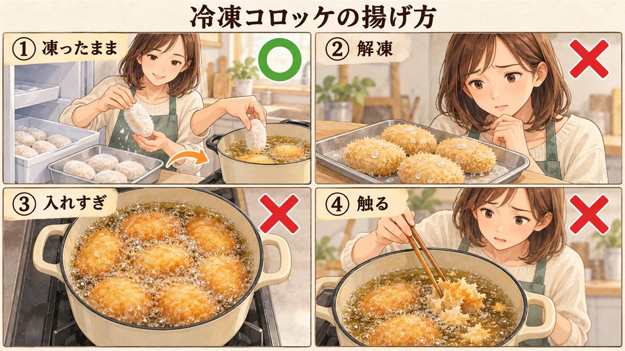 図解:冷凍コロッケの揚げ方(凍ったまま・解凍・入れすぎ・触る)