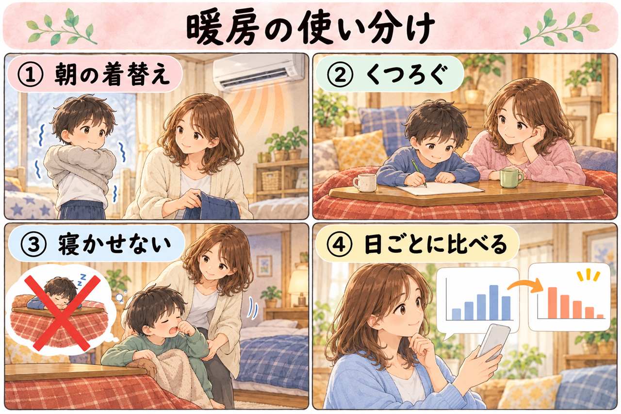 4コマ漫画:暖房の使い分け(朝の着替え・くつろぐ・寝かせない・日ごとに比べる)