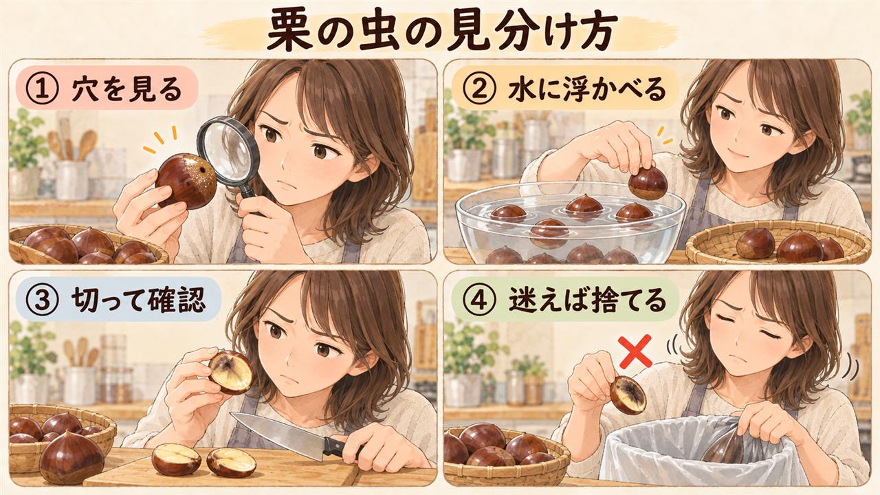 4コマ漫画:栗の虫の見分け方(穴を見る・水に浮かべる・切って確認・迷えば捨てる)