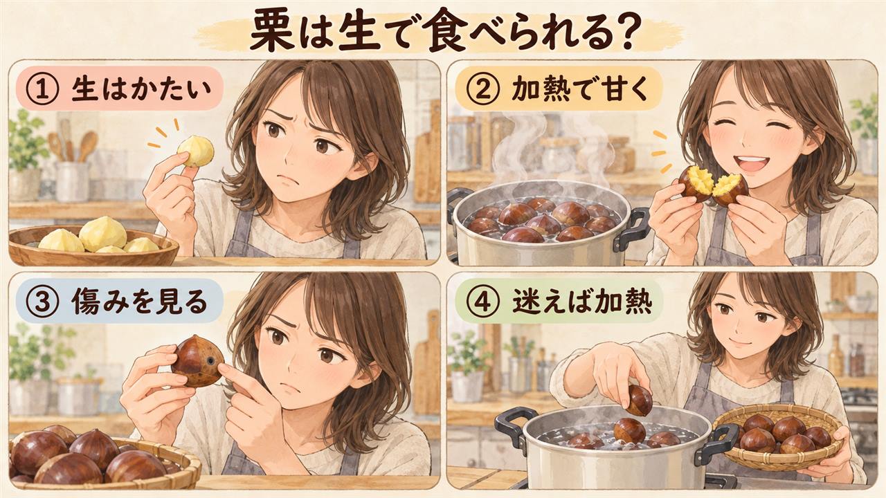 4コマ漫画:栗は生で食べられる?(生はかたい・加熱で甘く・傷みを見る・迷えば加熱)