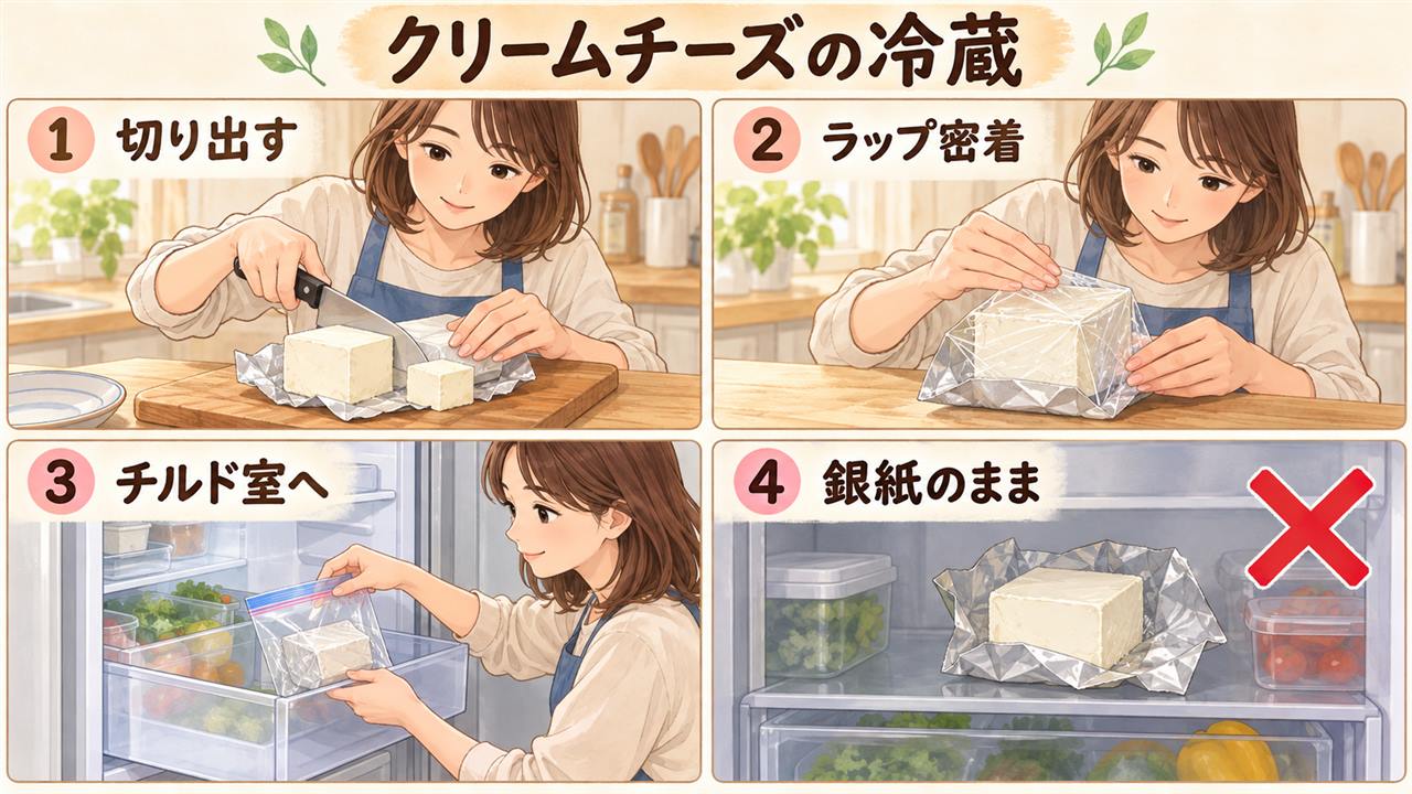 図解:クリームチーズの冷蔵(切り出す・ラップ密着・チルド室へ・銀紙のまま)