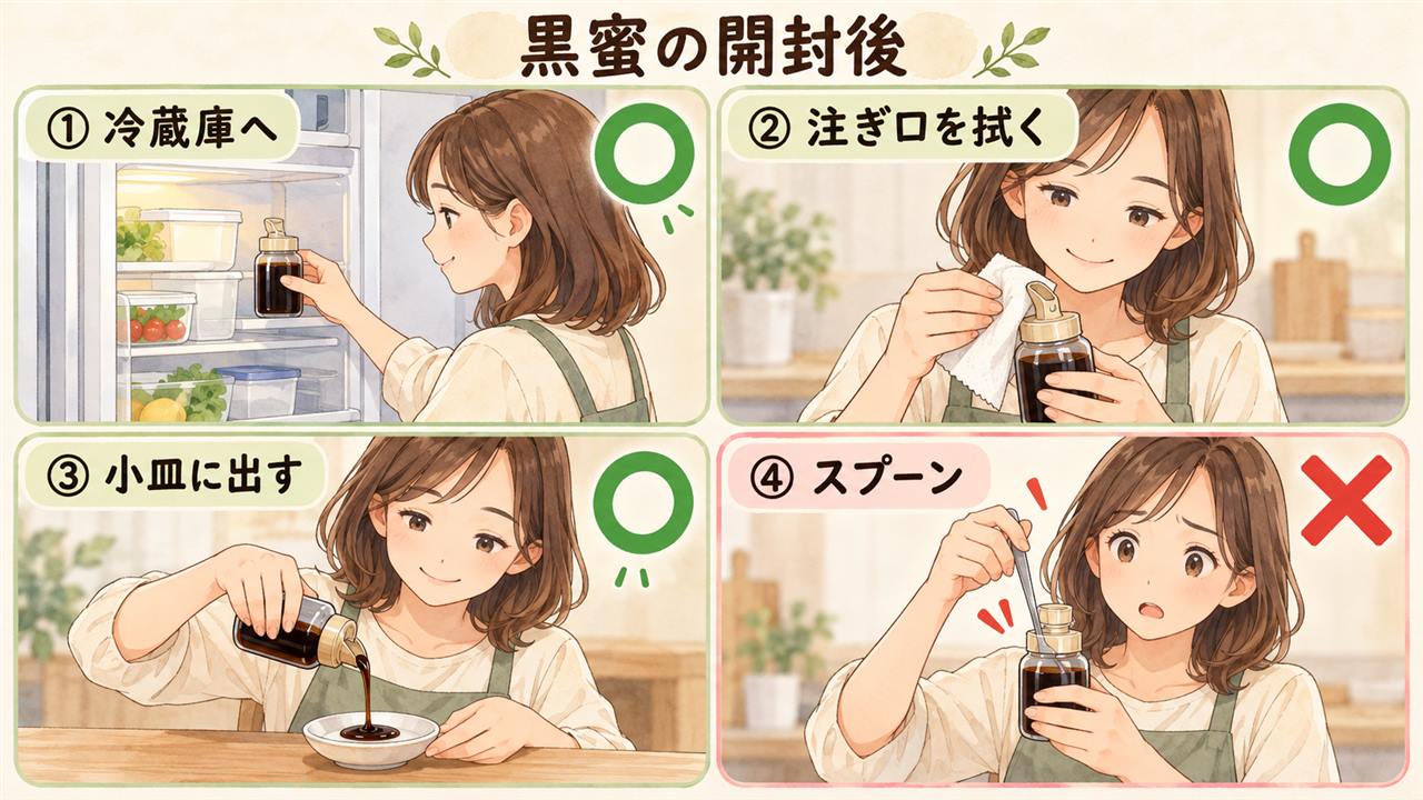 図解：黒蜜の開封後（冷蔵庫へ・注ぎ口を拭く・小皿に出す・スプーン）