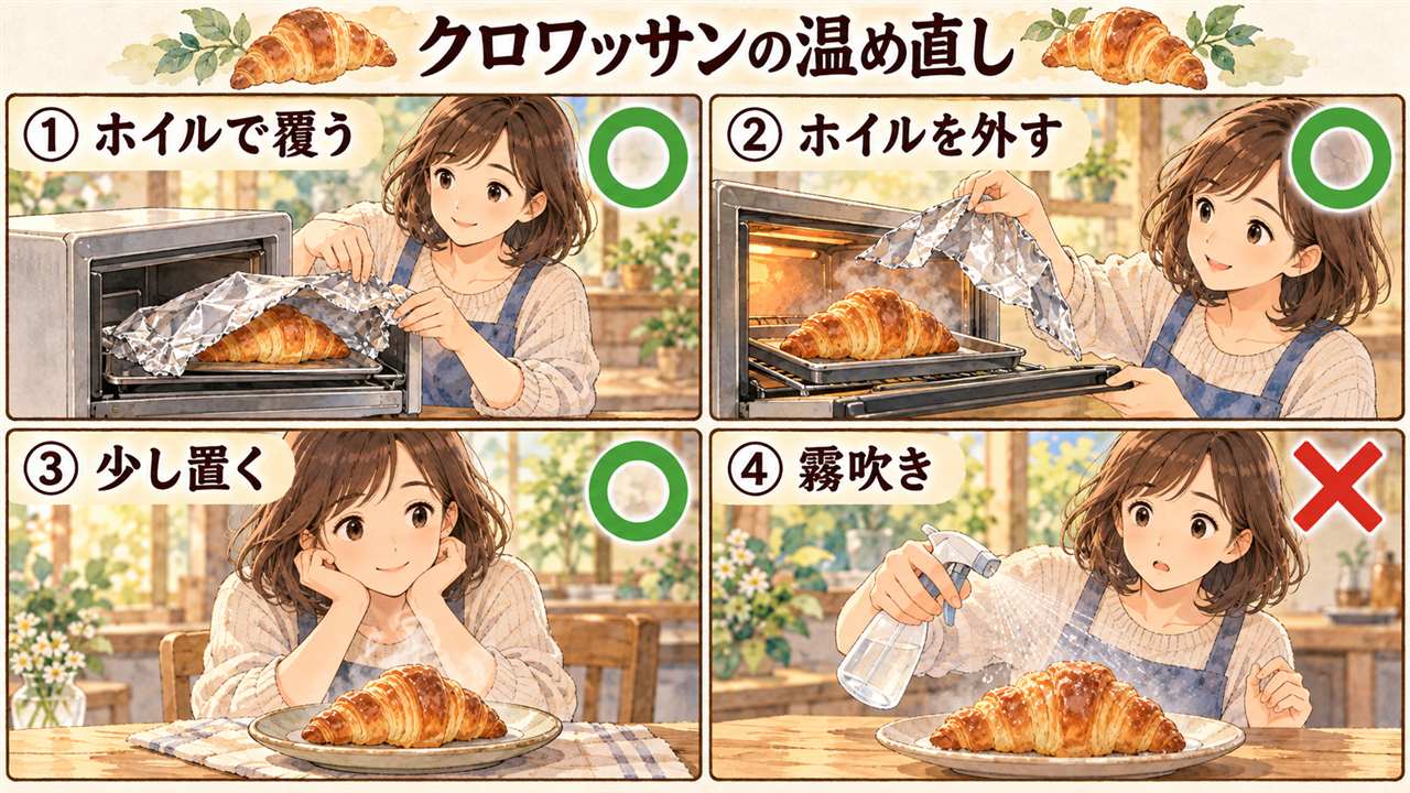 図解:クロワッサンの温め直し(ホイルで覆う・ホイルを外す・少し置く・霧吹き)