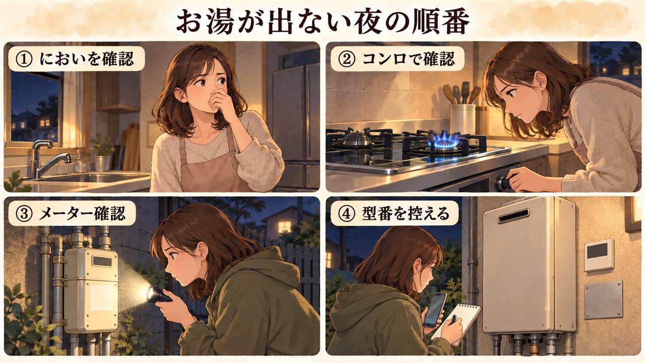 4コマ漫画:お湯が出ない夜の順番(においを確認・コンロで確認・メーター確認・型番を控える)