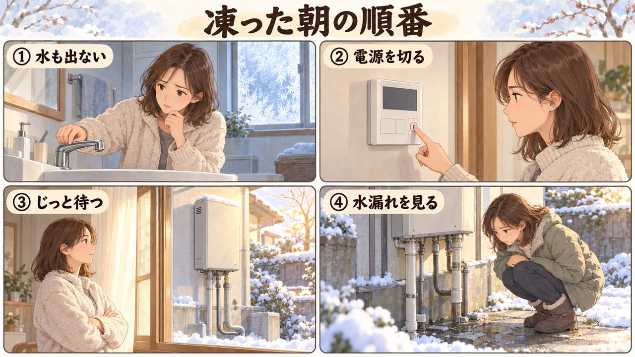 4コマ漫画：凍った朝の順番（水も出ない・電源を切る・じっと待つ・水漏れを見る）