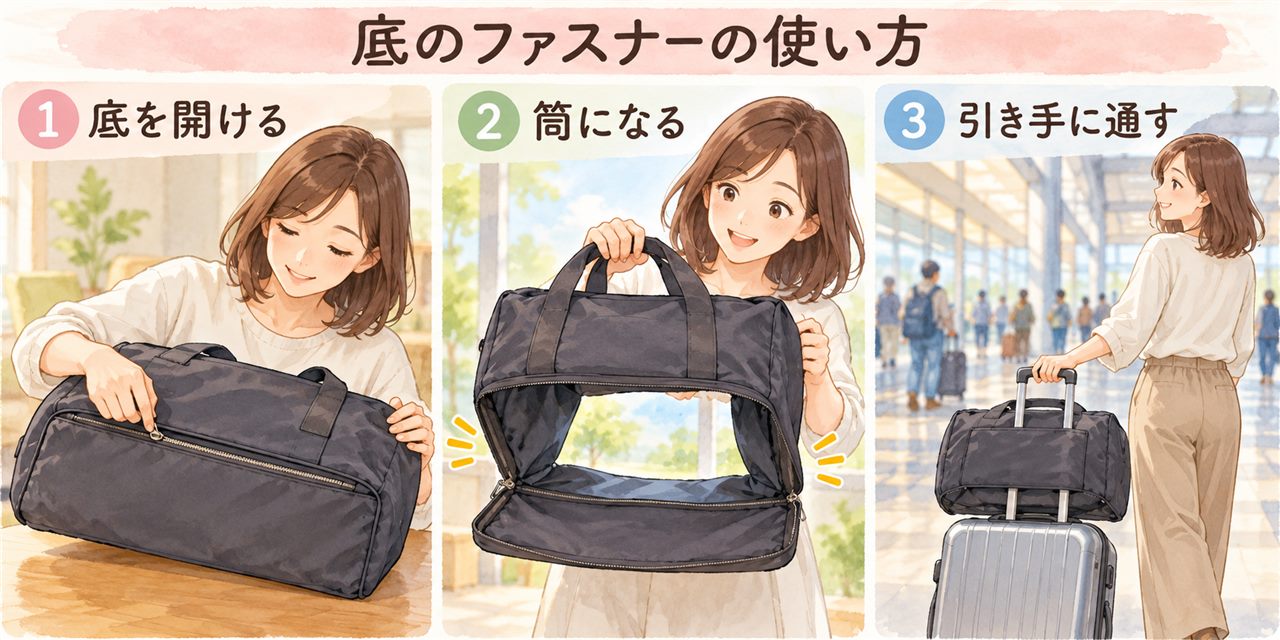 図解:底のファスナーの使い方(底を開ける・筒になる・引き手に通す)