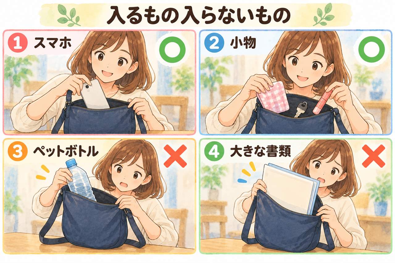 図解：入るもの入らないもの（スマホ・小物・ペットボトル・大きな書類）