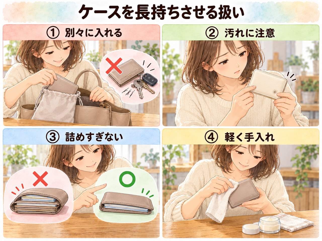 図解:ケースを長持ちさせる扱い(別々に入れる・汚れに注意・詰めすぎない・軽く手入れ)