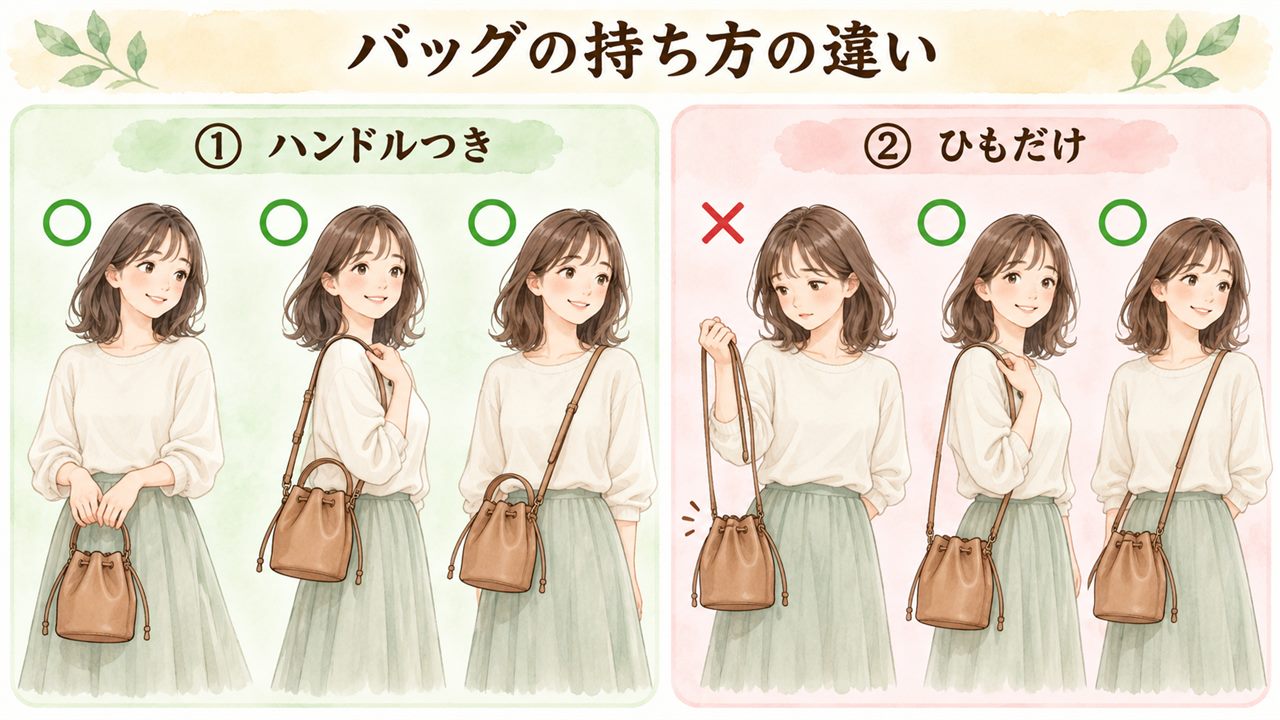 図解:バッグの持ち方の違い(ハンドルつき・ひもだけ)